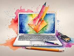 Artistic painting of a laptop with paint bursting out and office supplies laying around